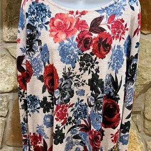 Chico’s Light Soft Floral Sweater Women’s XXL 2X Pullover Beige Red Blue Black